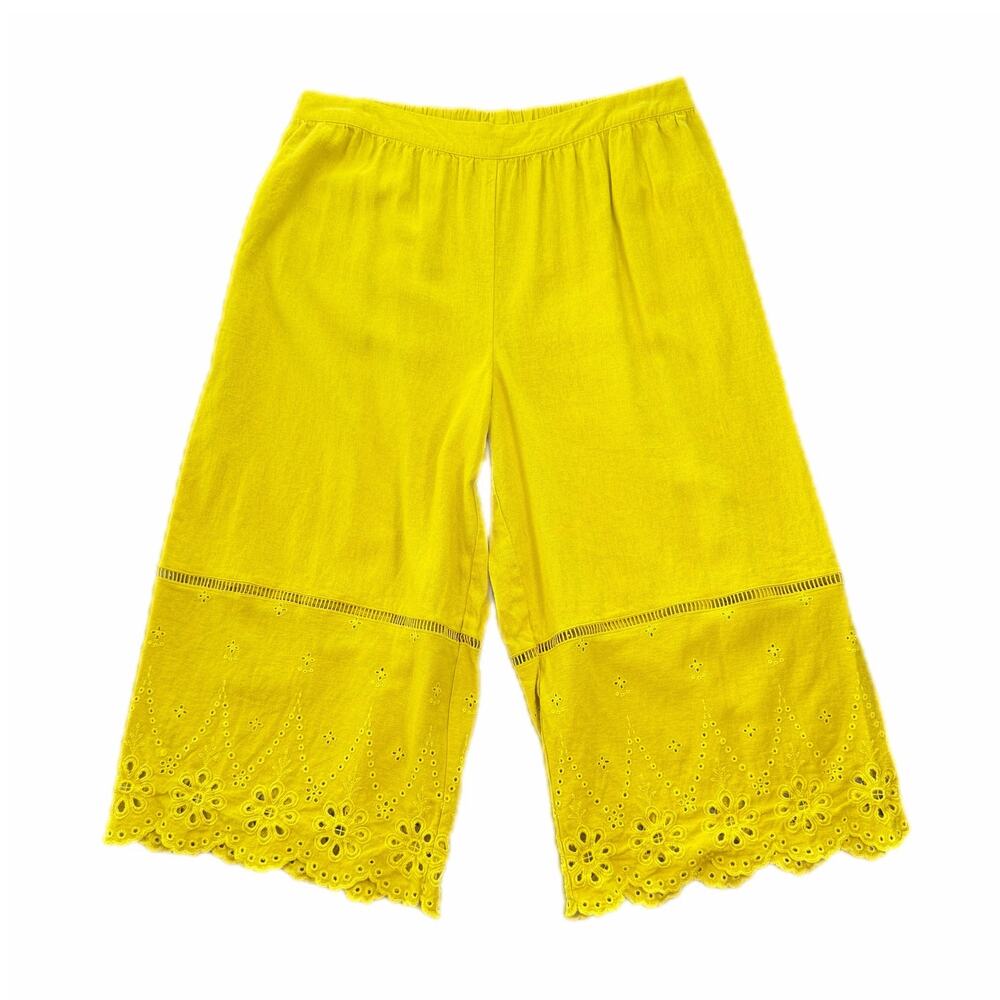 Calligraphie Bright Yellow Linen Blend Floral Eyelet Pull On Wide Leg Crop Pants